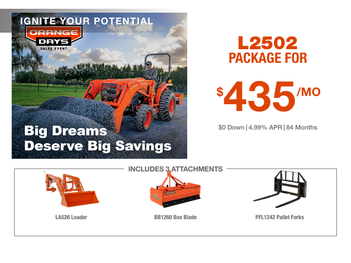 L2502 Package for $435 a month - $0 Down, 4.99% APR for 84 months - Includes LA526 Loader, BB1260 Box Blade and PFL1242 Pallet Forks Attachments
